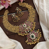 Premium Kemp Stone Short Neckpiece-Golden Pearls-G12724